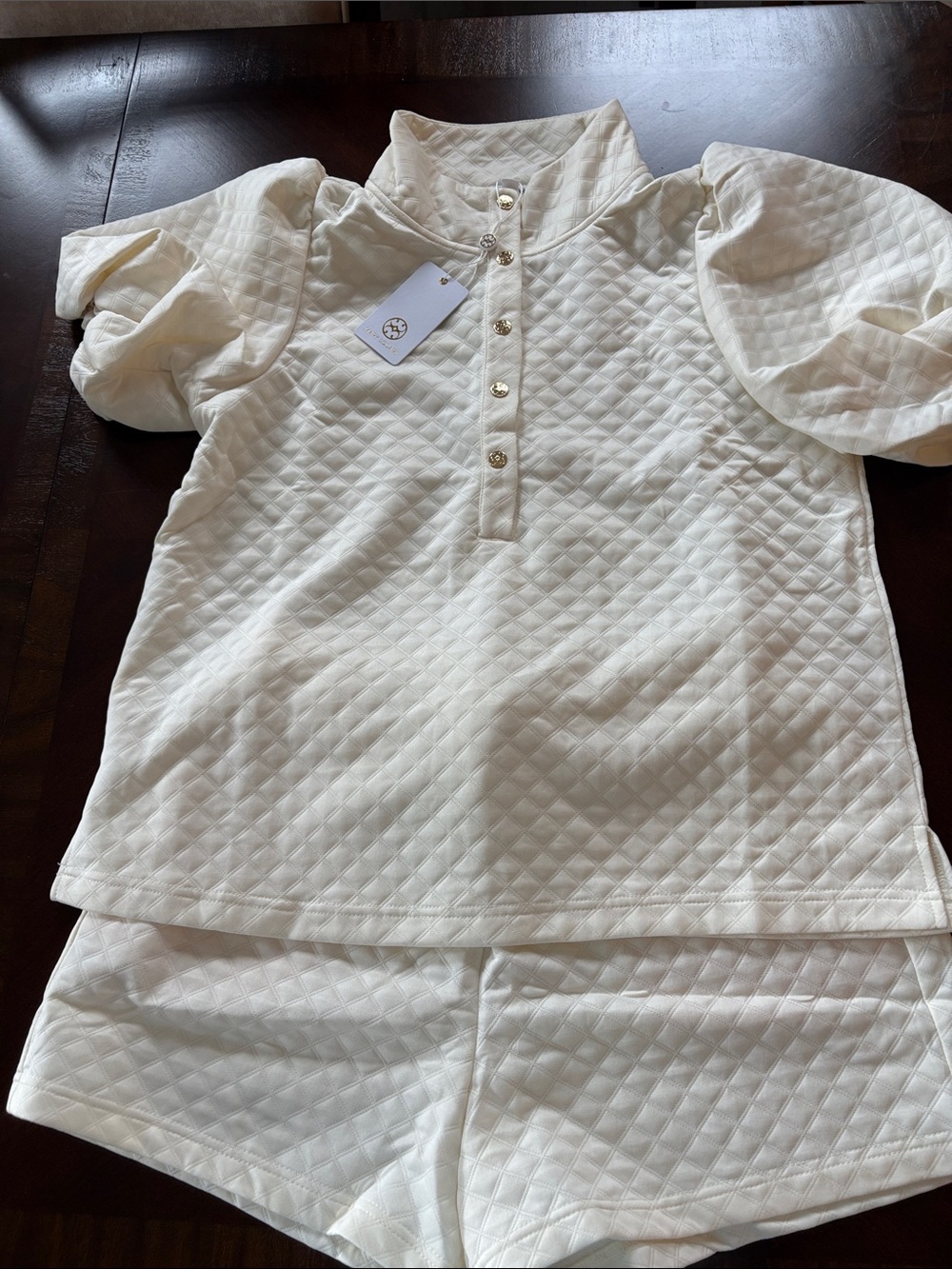 Women’s Cream Quilted Bikini Set - Elegant Puff Sleeve Top & Shorts